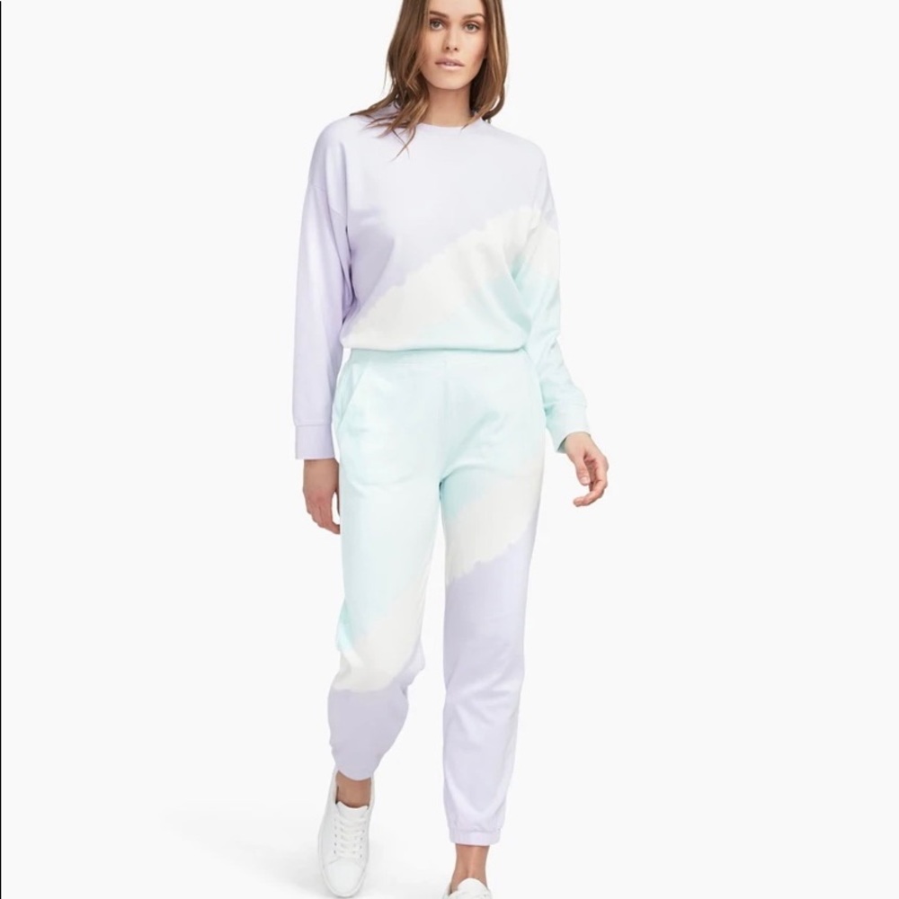 Naadam sustainable tie-dye jogger (M) and sweatshirt set (S).